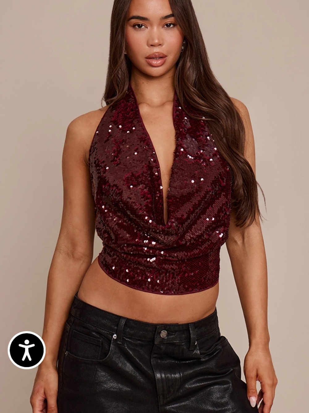 NWT Pretty Little Thing Sequin Halter Cowl Neck Crop Top - Burgundy size US2